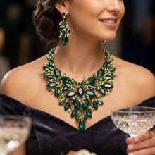Load image into Gallery viewer, Green Glass Crystal Floral Large Bib Necklace Set