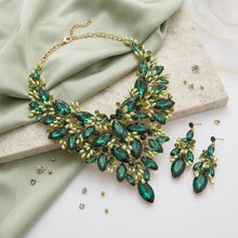 Load image into Gallery viewer, Green Glass Crystal Floral Large Bib Necklace Set