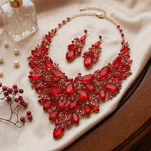 Load image into Gallery viewer, Red Glass Crystal Floral Large Bib Necklace Set