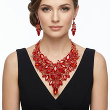 Load image into Gallery viewer, Red Glass Crystal Floral Large Bib Necklace Set