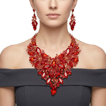 Load image into Gallery viewer, Red Glass Crystal Floral Large Bib Necklace Set