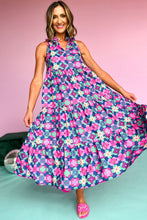 Load image into Gallery viewer, Blue Floral Print Frilly Neck Sleeveless Tiered Maxi Dress