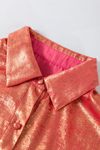 Load image into Gallery viewer, Apricot Metallic Sheen Puff Sleeve Button Up Mini Shirt Dress