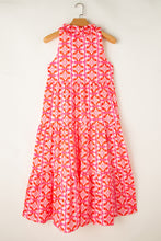 Load image into Gallery viewer, Blue Floral Print Frilly Neck Sleeveless Tiered Maxi Dress