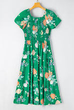 Load image into Gallery viewer, Green Floral Print Bubble Sleeve Smocked Tiered Midi Dress