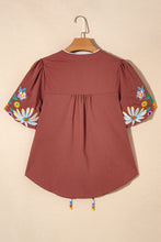 Load image into Gallery viewer, Mineral Red Floral Embroidered Puff Sleeve Split Neck Blouse