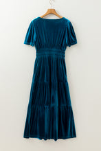 Load image into Gallery viewer, Prussian Blue Velvet Short Sleeve Shirred Waist Tiered Maxi Dress