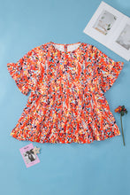 Load image into Gallery viewer, Orange Floral Printed Ruffle Sleeve Curvy Babydoll Blouse -PLUS