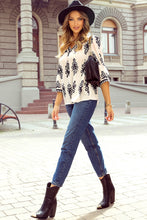 Load image into Gallery viewer, Beige Vintage Geometric Printed 3/4 Sleeve V Neck Blouse