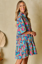 Load image into Gallery viewer, Green Leopard Print Bubble Sleeve Slit Neck Ruffled Dress