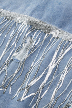 Load image into Gallery viewer, Sky Blue Sequin Embellished Fringe Distressed Denim Jacket