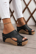 Load image into Gallery viewer, Black Hollow Out Studded PU Leather Wedge Slippers