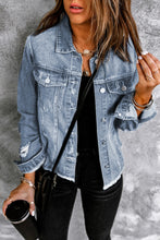 Load image into Gallery viewer, Blue Lapel Distressed Raw Hem Buttons Denim Jacket