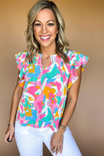 Load image into Gallery viewer, Multicolour Abstract Print Notched Neck Flutter Sleeve Blouse
