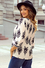 Load image into Gallery viewer, Beige Vintage Geometric Printed 3/4 Sleeve V Neck Blouse