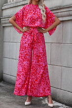 Load image into Gallery viewer, Rose Leopard Loose Sleeve Belted Wide Leg Jumpsuit
