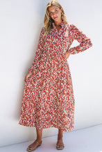 Load image into Gallery viewer, Orange Abstract Print V Neck Pleated High Waist Midi Dress
