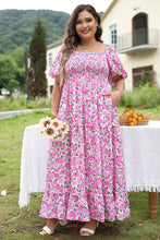 Load image into Gallery viewer, Pink Plus Size Floral Print Smocked Puff Sleeve Dress