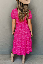 Load image into Gallery viewer, Rose Red Floral Print Pleated Drawstring Flowy Midi Dress