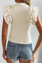 Load image into Gallery viewer, Beige Ruffle Flutter Sleeve High Neck Ribbed Blouse