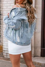 Load image into Gallery viewer, Sky Blue Sequin Embellished Fringe Distressed Denim Jacket