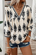 Load image into Gallery viewer, Beige Vintage Geometric Printed 3/4 Sleeve V Neck Blouse