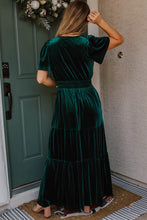 Load image into Gallery viewer, Prussian Blue Velvet Short Sleeve Shirred Waist Tiered Maxi Dress
