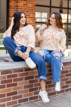 Load image into Gallery viewer, Beige Flower Patch Graphic Exposed Seam Wide Sleeve Top