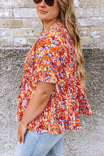 Load image into Gallery viewer, Orange Floral Printed Ruffle Sleeve Curvy Babydoll Blouse -PLUS