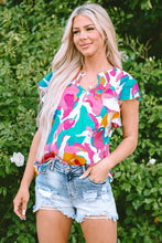 Load image into Gallery viewer, Multicolour Abstract Print Notched Neck Flutter Sleeve Blouse