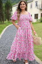 Load image into Gallery viewer, Pink Plus Size Floral Print Smocked Puff Sleeve Dress
