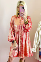 Load image into Gallery viewer, Apricot Metallic Sheen Puff Sleeve Button Up Mini Shirt Dress