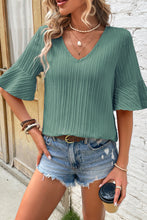 Load image into Gallery viewer, Beau Blue Ruffled Half Sleeve V Neck Textured Top
