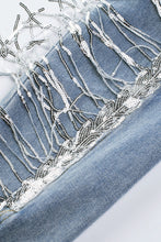 Load image into Gallery viewer, Sky Blue Sequin Embellished Fringe Distressed Denim Jacket