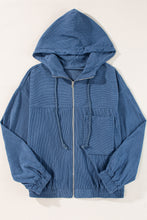 Load image into Gallery viewer, Real Teal Corduroy Drawstring Hooded Pocket Zip Up Jacket