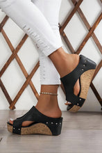 Load image into Gallery viewer, Black Hollow Out Studded PU Leather Wedge Slippers