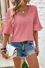 Load image into Gallery viewer, Beau Blue Ruffled Half Sleeve V Neck Textured Top