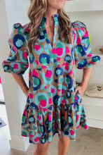 Load image into Gallery viewer, Green Leopard Print Bubble Sleeve Slit Neck Ruffled Dress