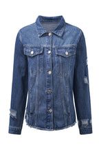 Load image into Gallery viewer, Blue Lapel Distressed Raw Hem Buttons Denim Jacket