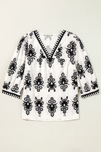Load image into Gallery viewer, Beige Vintage Geometric Printed 3/4 Sleeve V Neck Blouse
