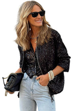 Load image into Gallery viewer, Black Sequin Zip up Round Neck Long Sleeve Jacket