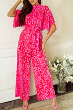 Load image into Gallery viewer, Rose Leopard Loose Sleeve Belted Wide Leg Jumpsuit