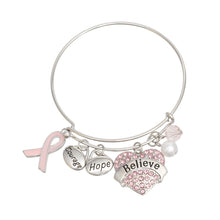Load image into Gallery viewer, Breast Cancer Silver Wire Light Pink Believe Bangle