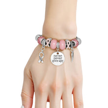 Load image into Gallery viewer, Breast Cancer Silver Never Give Up Charm Bracelet