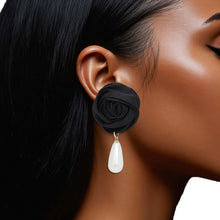 Load image into Gallery viewer, Stud Black Rose White Pearl Teardrop Earrings