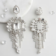 Load image into Gallery viewer, Silver Arched Glass Crystal Chandelier Earrings