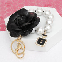 Load image into Gallery viewer, Keychain Black Camellia Pearl Wristlet Bag Clip