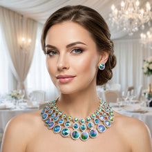 Load image into Gallery viewer, Green Glass Halo Crystal 3 Row Collar Necklace