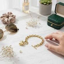 Load image into Gallery viewer, Gold 18K Steel Toggle Heart Rolo Chain Bracelet