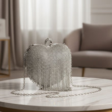 Load image into Gallery viewer, Clutch Silver Rhinestone Fringe Heart Hardcase Bag